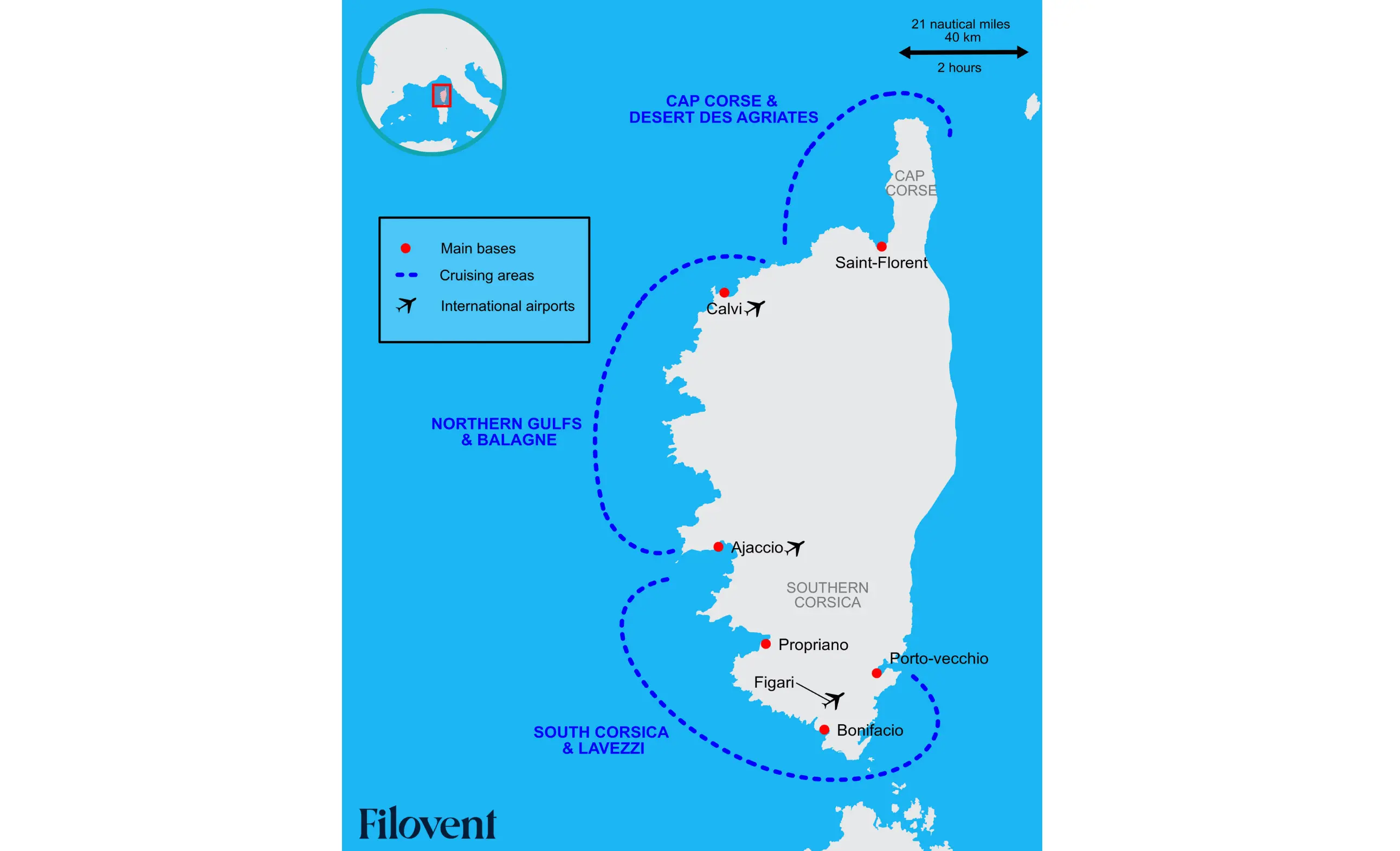 Karte der Segelreviere auf Korsika: Cap Corse, Agriates-Wüste, Balagne, Südkorsika und Lavezzi-Inseln mit den Ausgangsbasen Calvi, Saint-Florent, Ajaccio, Propriano, Porto-Vecchio und Bonifacio